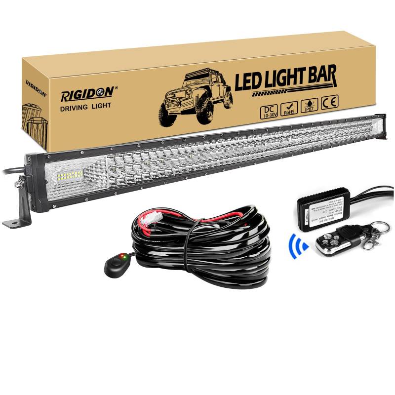 RIGIDON Dreireihige Led lichtleiste kfz mit 12v kabelbaum kit, 50 Zoll 127cm 648W offroad beleuchtung Led bar für Auto SUV ATV, UTV, LKW 4x4, Fahrzeuge, 6000K Weiß draußen scheinwerfer lampe von RIGIDON