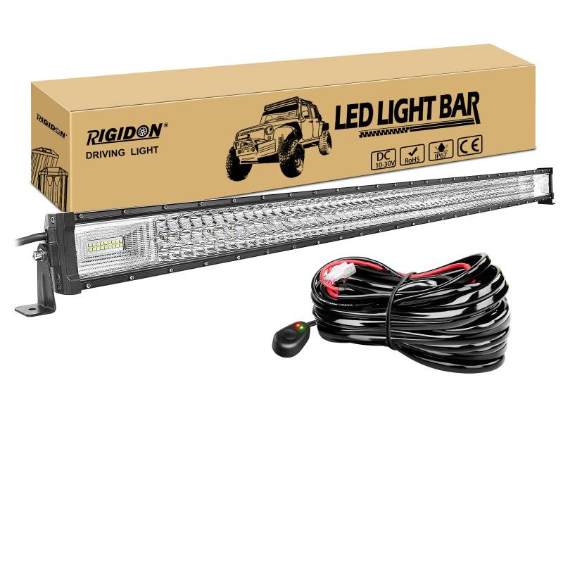 RIGIDON Dreireihige Led lichtleiste kfz mit 12v kabelbaum kit, 52 Zoll 132cm 675W Offroad Beleuchtung Led bar für Auto SUV ATV, UTV, LKW 4x4, Fahrzeuge, 6000K Weiß led nebelscheinwerfer von RIGIDON