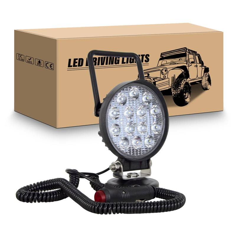 RIGIDON Led arbeitsscheinwerfer rund mit magnetfuß, 4" 10cm 42W led scheinwerfer auto magnet 12V offroad beleuchtung für Auto SUV ATV Traktor LKW 4x4 Boot,6000K Weiß suchscheinwerfer, arbeitslicht von RIGIDON