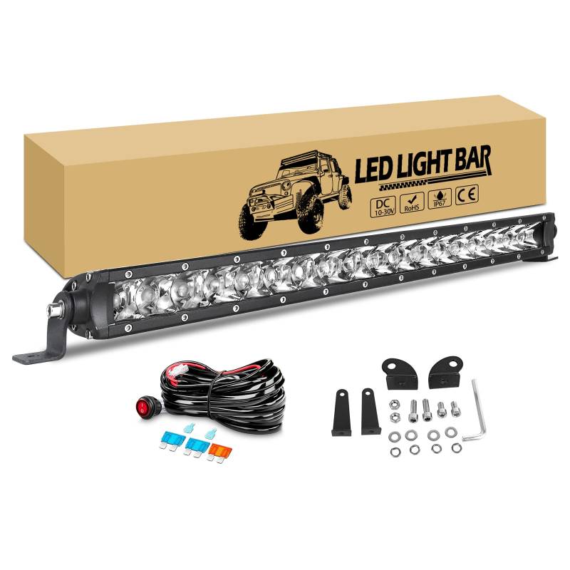 RIGIDON Led lichtleiste kfz mit 12V kabelbaum kit, 50cm 90W einzelne Reihe led Strahler Offroad Beleuchtung, wasserdicht arbeitslichtleiste für 4x4 Auto SUV ATV Traktor LKW Fahrzeuge 6000K weiß von RIGIDON