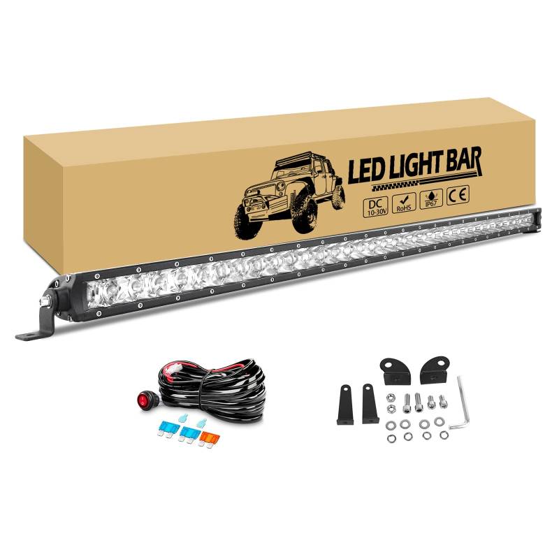 RIGIDON Led lichtleiste kfz mit 12V kabelbaum kit, 95cm 180W einzelne Reihe led Strahler Offroad Beleuchtung, wasserdicht arbeitslichtleiste für 4x4 Auto SUV ATV Traktor LKW Fahrzeuge 6000K weiß von RIGIDON