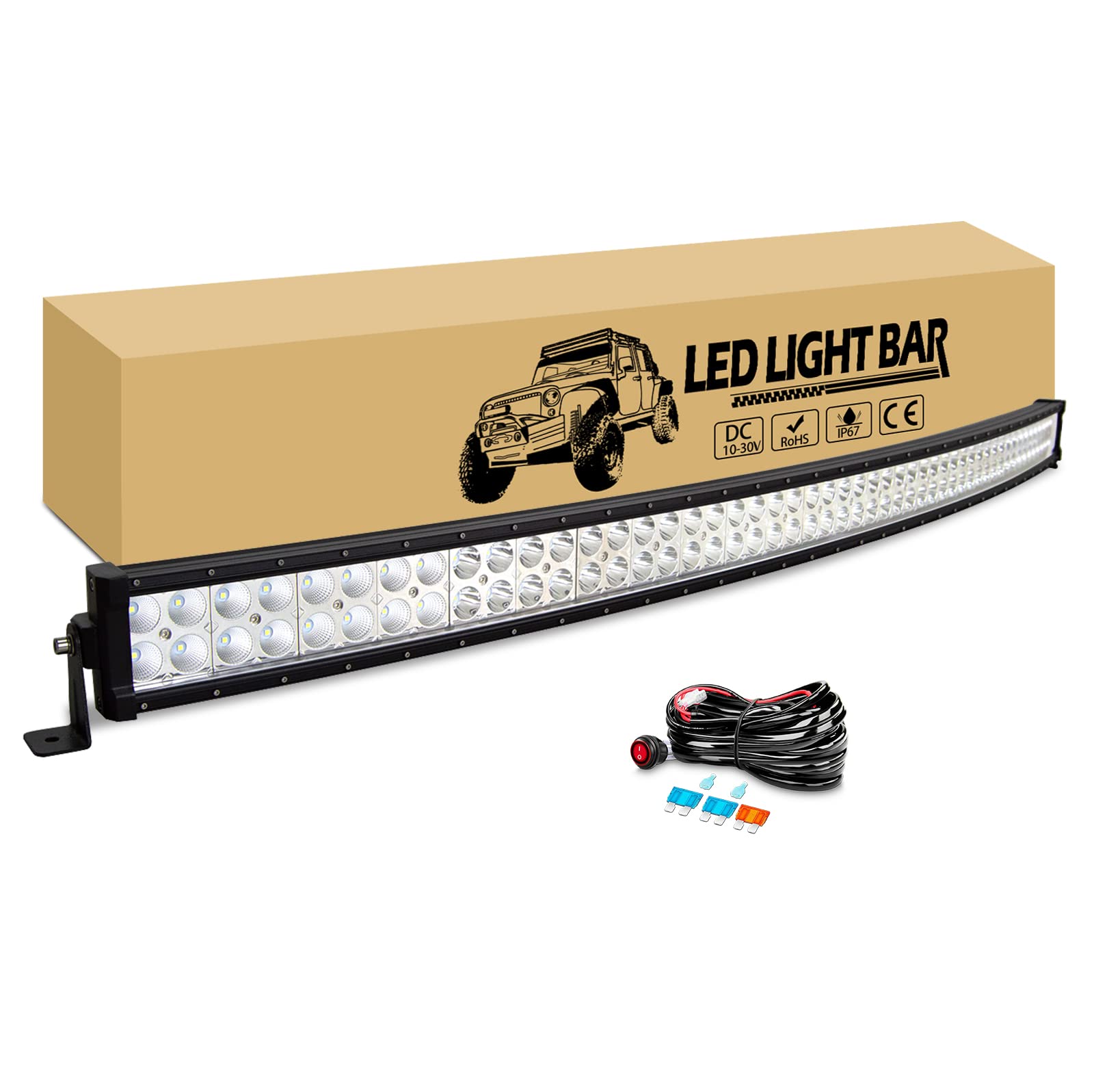 RIGIDON Led lichtleiste kfz mit 12v kabelbaum kit, 130cm 300W gebogen Led Arbeitsscheinwerfer Bar Offroad Beleuchtung für 4x4 Auto Traktor LKW PKW Truck SUV ATV UTV Fahrzeuge, 6000K weiß lightbar von RIGIDON