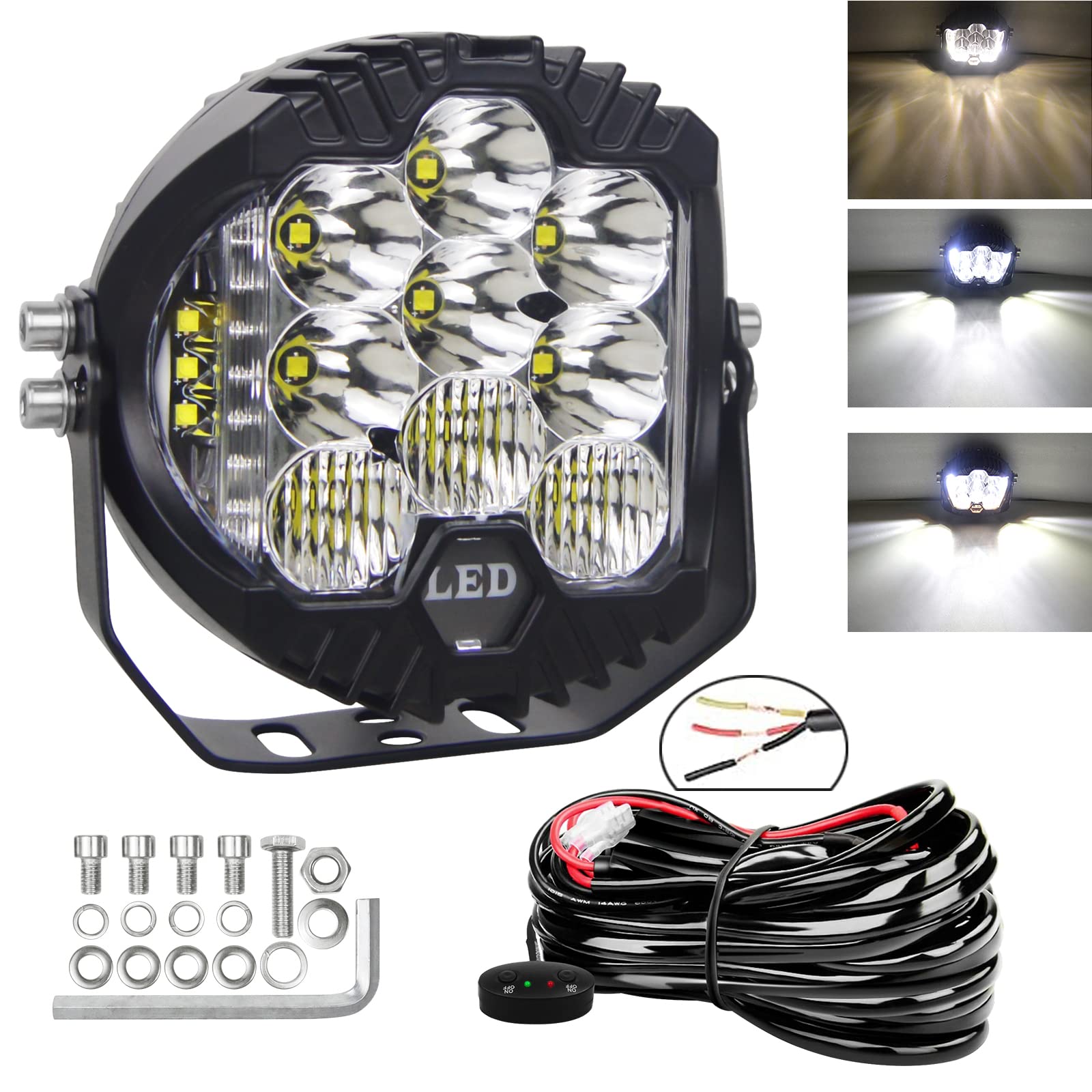 RIGIDON 1x Rund Led Arbeitsscheinwerfer mit 12V kabelbaum kit, 5 Zoll 50W 5000 Lumen led lichtleiste, Wasserdicht offroad beleuchtung für Auto ATV LKW Traktor 4x4, led nebelscheinwerfer 6000k Weiß von RIGIDON