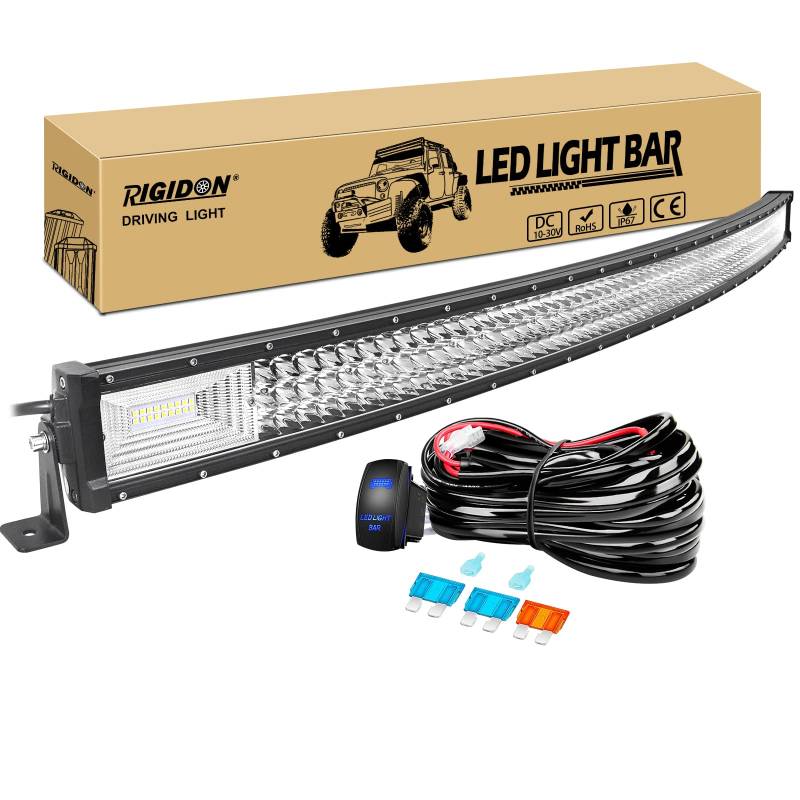 RIGIDON Wasserdicht Gebogene led lampe, 52 Zoll 130cm 675W Led lichtleiste kfz mit 12v kabelbaum kit, Offroad beleuchtung für Auto SUV ATV, UTV, LKW 4x4, Fahrzeuge, 6000K Weiß led nebelscheinwerfer von RIGIDON