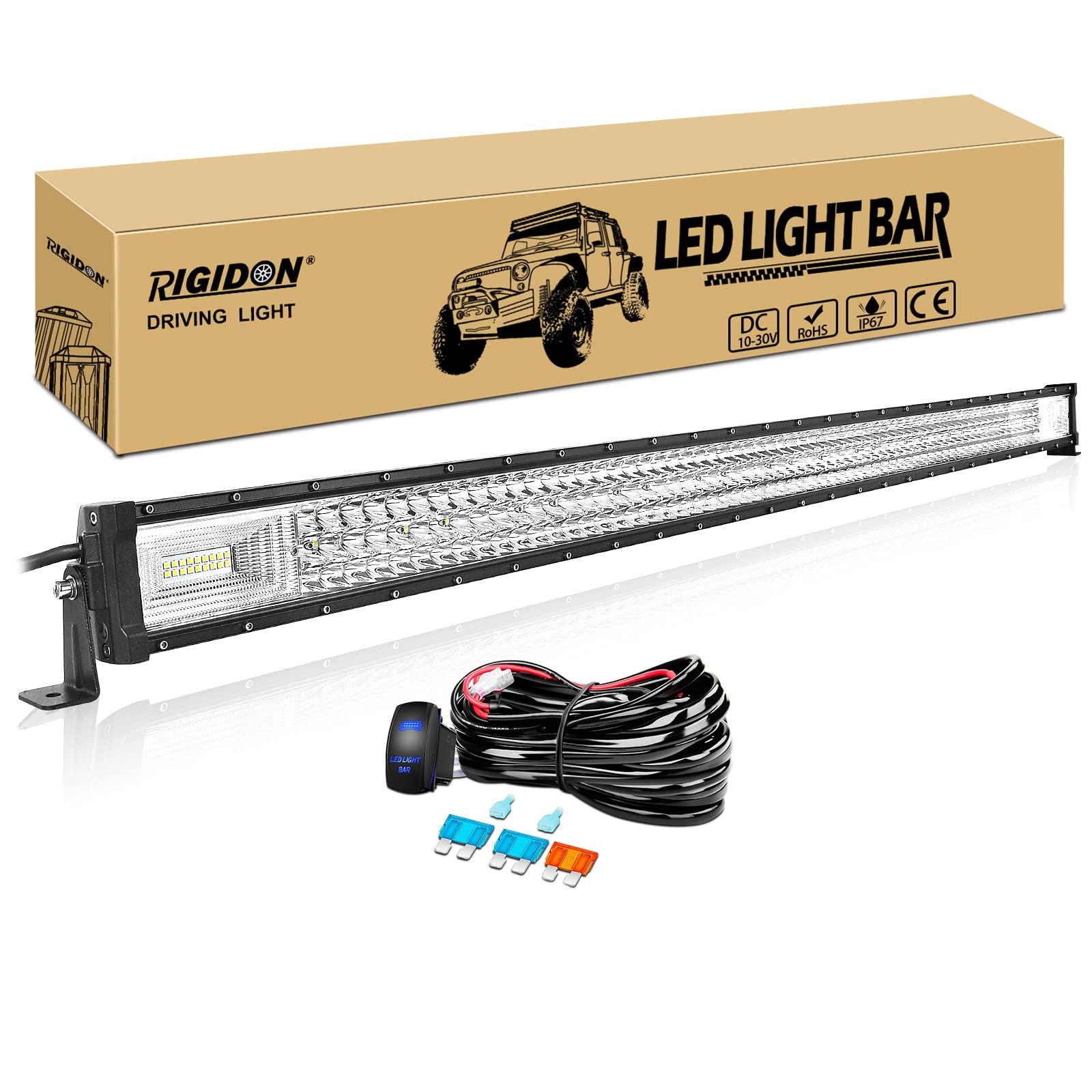 RIGIDON wasserdichte Gerade Led lichtleiste kfz mit 12v kabelbaum kit, 52 Zoll 130cm 675W Offroad Beleuchtung für Auto SUV ATV LKW 4x4 Fahrzeuge, 6000K Weiß led nebelscheinwerfer, Led Work Light bar von RIGIDON