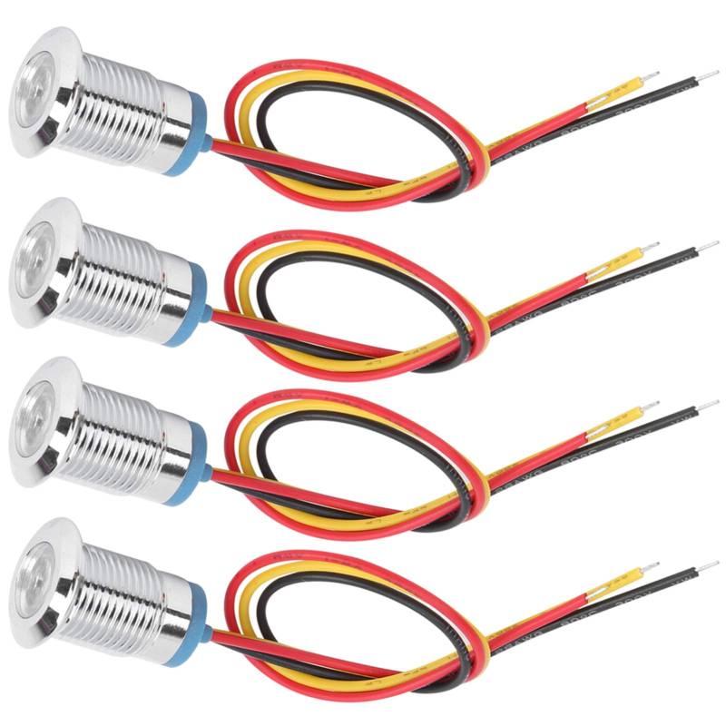 Vorverdrahtete Wasserdichte Metallmetall-Farbindikatorlichter für Auto- und Industriesteuerinstrumente, Set von 4 Mini-Runden-LEDs für CNC-Werkzeugmaschinen, Messing-Chrom-Plattiermaterial (rot Gelb) von RIZGHWOY