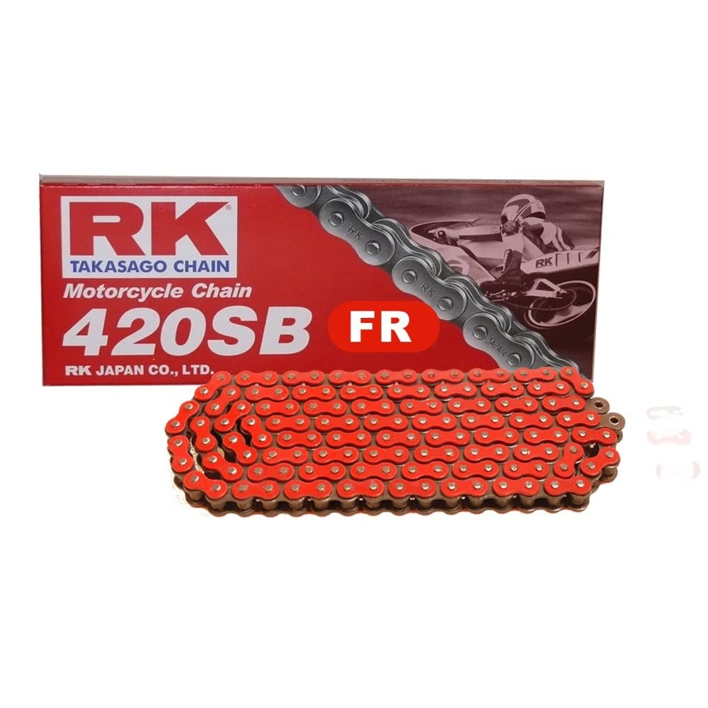 Motorradkette ROT RK FR420SB mit 122 Rollen und Clipschloss offen von RK JAPAN Co., Ltd.