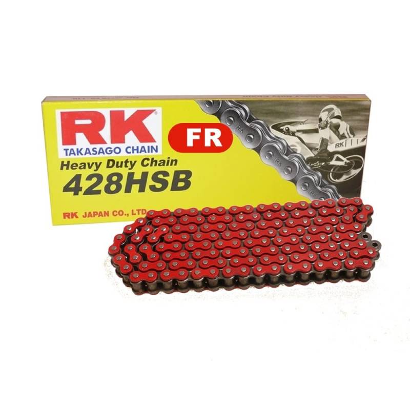 Motorradkette in ROT RK FR428HSB mit 142 Rollen und Clipschloss offen von RK JAPAN Co., Ltd.