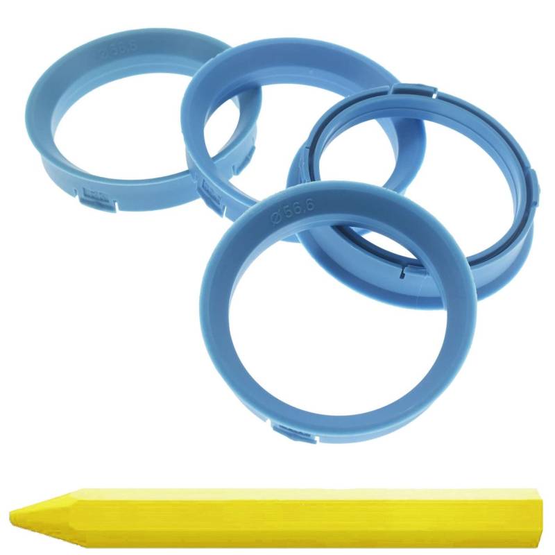 4X Zentrierringe 66,6 x 56,6 mm Hellblau Felgen Ringe + 1x Reifen Kreide Fett Stift von RKC