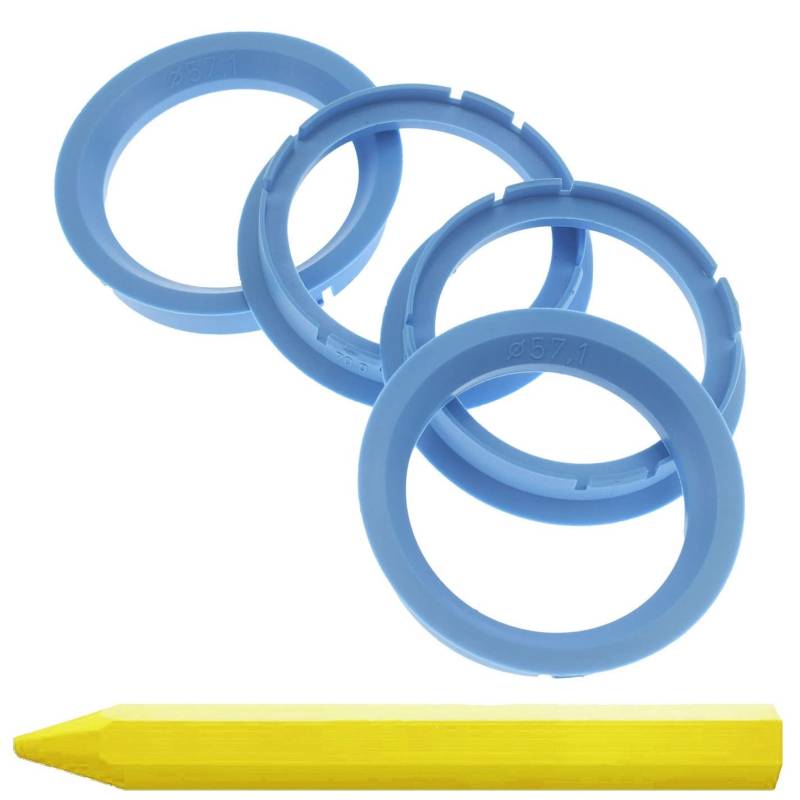 4X Zentrierringe 70,0 x 57,1 mm Hellblau Felgen Ringe + 1x Reifen Kreide Fett Stift von RKC