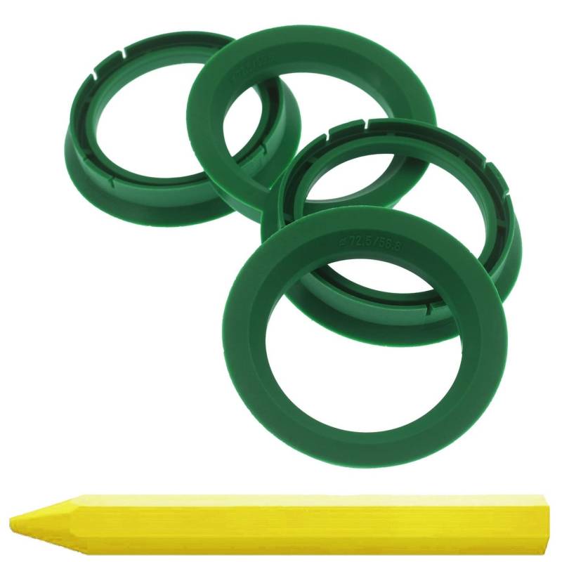 4X Zentrierringe 72,5 x 56,6 mm Grün Felgen Ringe + 1x Reifen Kreide Fett Stift von RKC