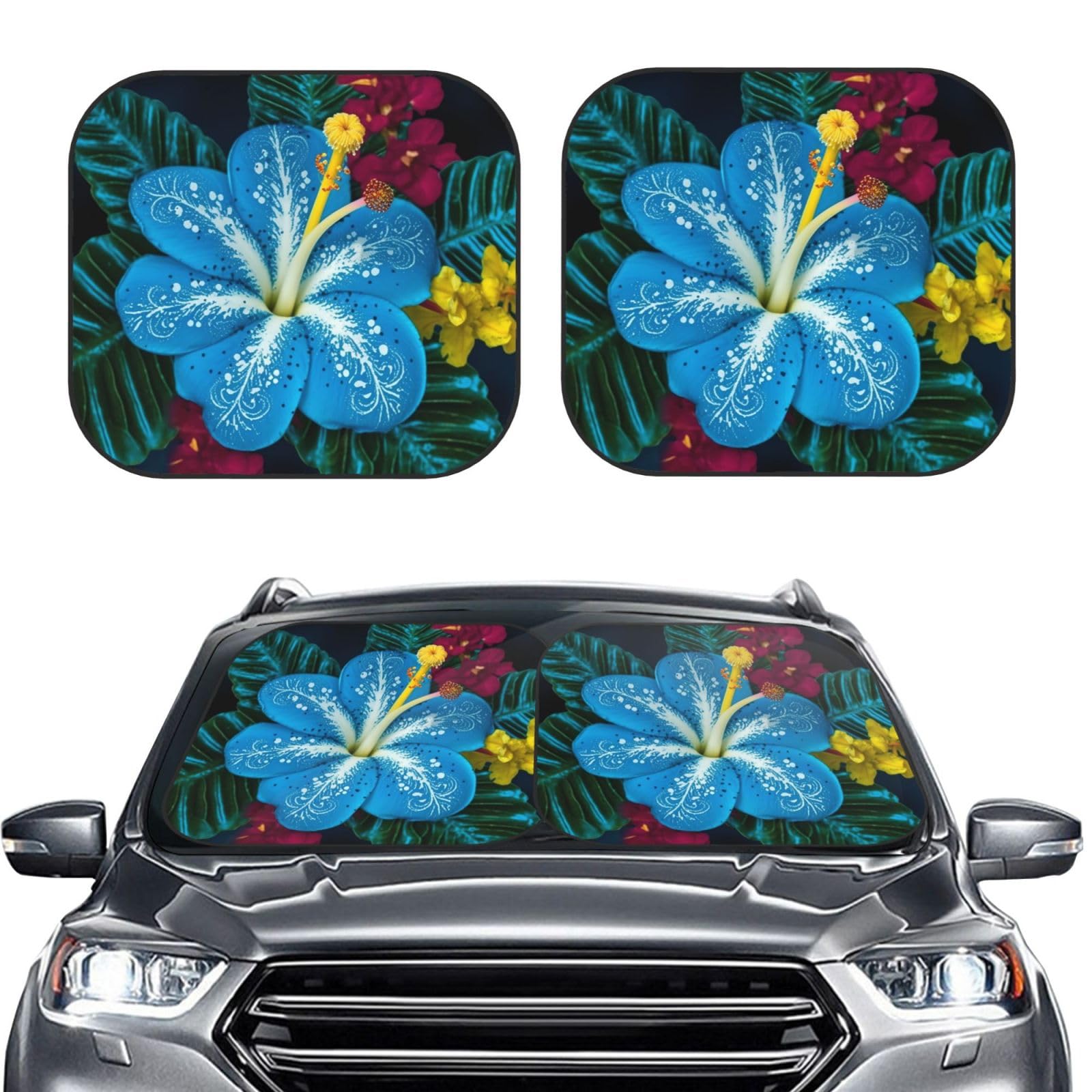 2 Stück Faltbare Sonnenblende Sonnenblende Hawaiianisches Blumenmuster Faltbar UV Schutz für Auto LKW SUV (S, Blau) von RLDOBOFE