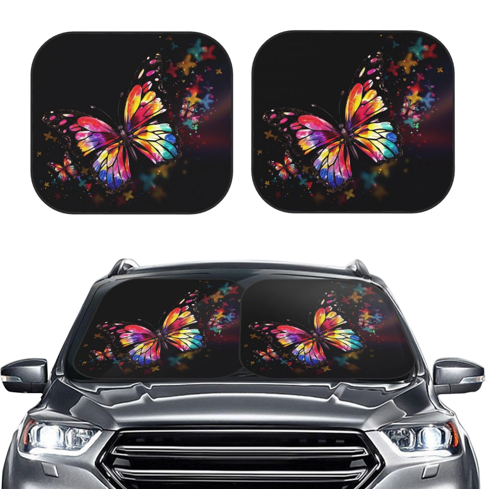 Buntes Schmetterlings-Motiv, 2-teilig, Windschutzscheiben-Sonnenschutz, faltbar, für Auto, Frontscheibe, UV-Schutz, tragbare Sonnenblende, Windschutzscheibenabdeckungen für Auto, LKW, SUV, groß Buntes Schmetterlings-Motiv, 2-teilig, Windschutzscheiben-Sonnenschutz, faltbar, für Auto, Frontscheibe, UV-Schutz, tragbare Sonnenblende, Windschutzscheibenabdeckungen für Auto, LKW, SUV, groß von RLDOBOFE