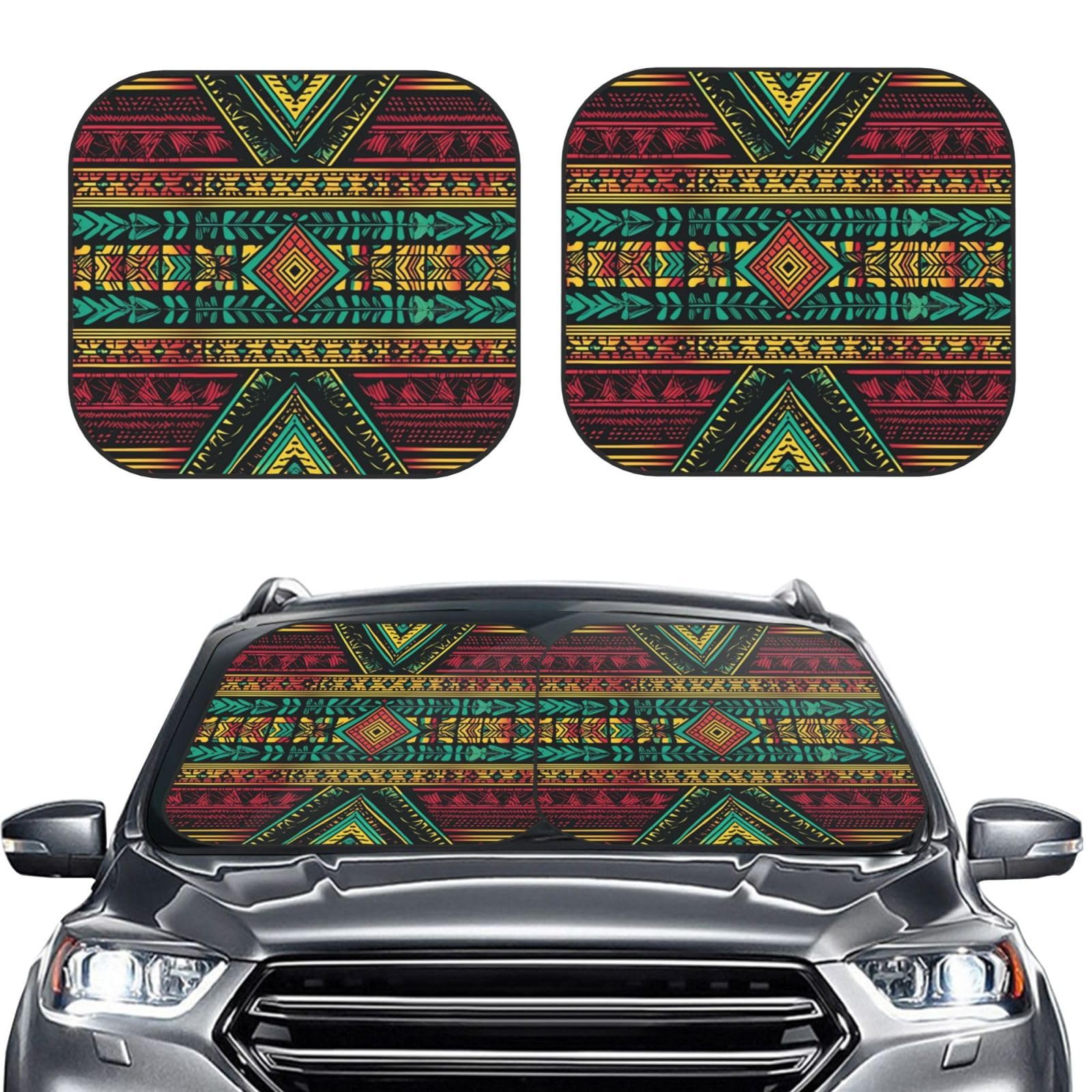 Buntes Tribal-Druck-Druck, 2-teilig, Windschutzscheiben-Sonnenschutz, faltbar, Auto-Frontscheiben-Sonnenschutz, UV-Schutz, tragbare Sonnenblende, Windschutzscheibenabdeckungen für Auto, LKW, SUV Buntes Tribal-Druck-Druck, 2-teilig, Windschutzscheiben-Sonnenschutz, faltbar, Auto-Frontscheiben-Sonnenschutz, UV-Schutz, tragbare Sonnenblende, Windschutzscheibenabdeckungen für Auto, LKW, SUV von RLDOBOFE