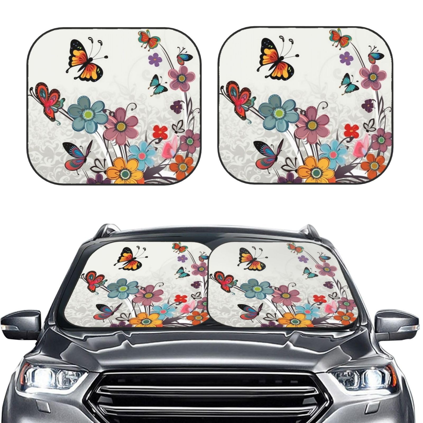Cartoon Schmetterling Blumen Druck 2 Stück Windschutzscheibe Sonnenschutz Faltbare Auto Frontscheibe Sonnenblenden UV-Schutz Tragbare Sonnenblende Schutz Windschutzscheibenabdeckungen für Auto LKW SUV Cartoon Schmetterling Blumen Druck 2 Stück Windschutzscheibe Sonnenschutz Faltbare Auto Frontscheibe Sonnenblenden UV-Schutz Tragbare Sonnenblende Schutz Windschutzscheibenabdeckungen für Auto LKW SUV von RLDOBOFE