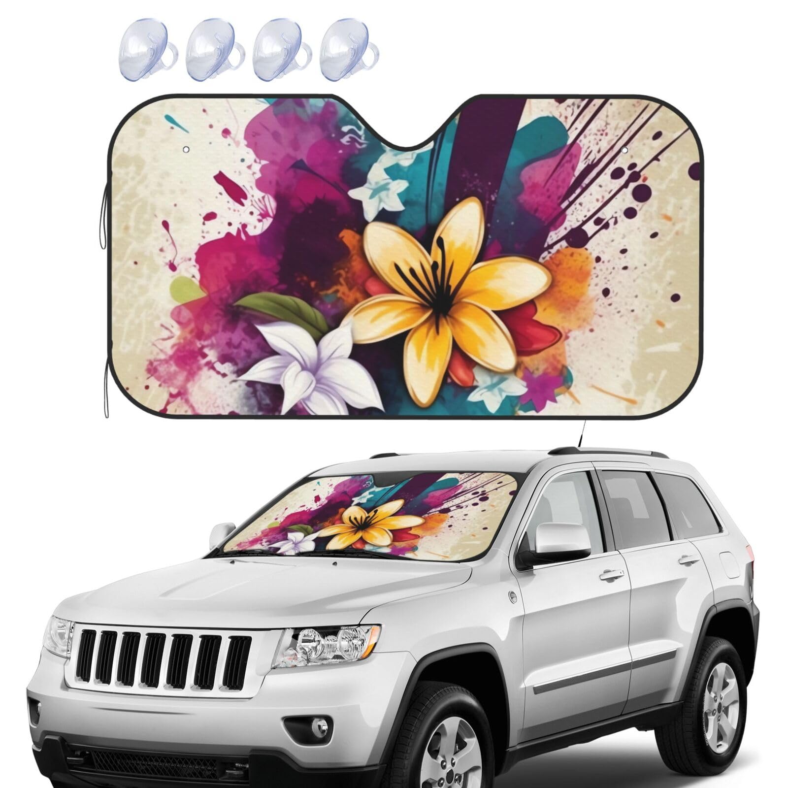 Windschutz mit Blumen und Blumenspritzern, faltbar, für Auto, Frontscheibe, UV-Schutz, tragbare Sonnenblende, Windschutzscheibenabdeckungen für Auto, LKW, SUV, Größe M Windschutz mit Blumen und Blumenspritzern, faltbar, für Auto, Frontscheibe, UV-Schutz, tragbare Sonnenblende, Windschutzscheibenabdeckungen für Auto, LKW, SUV, Größe M von RLDOBOFE