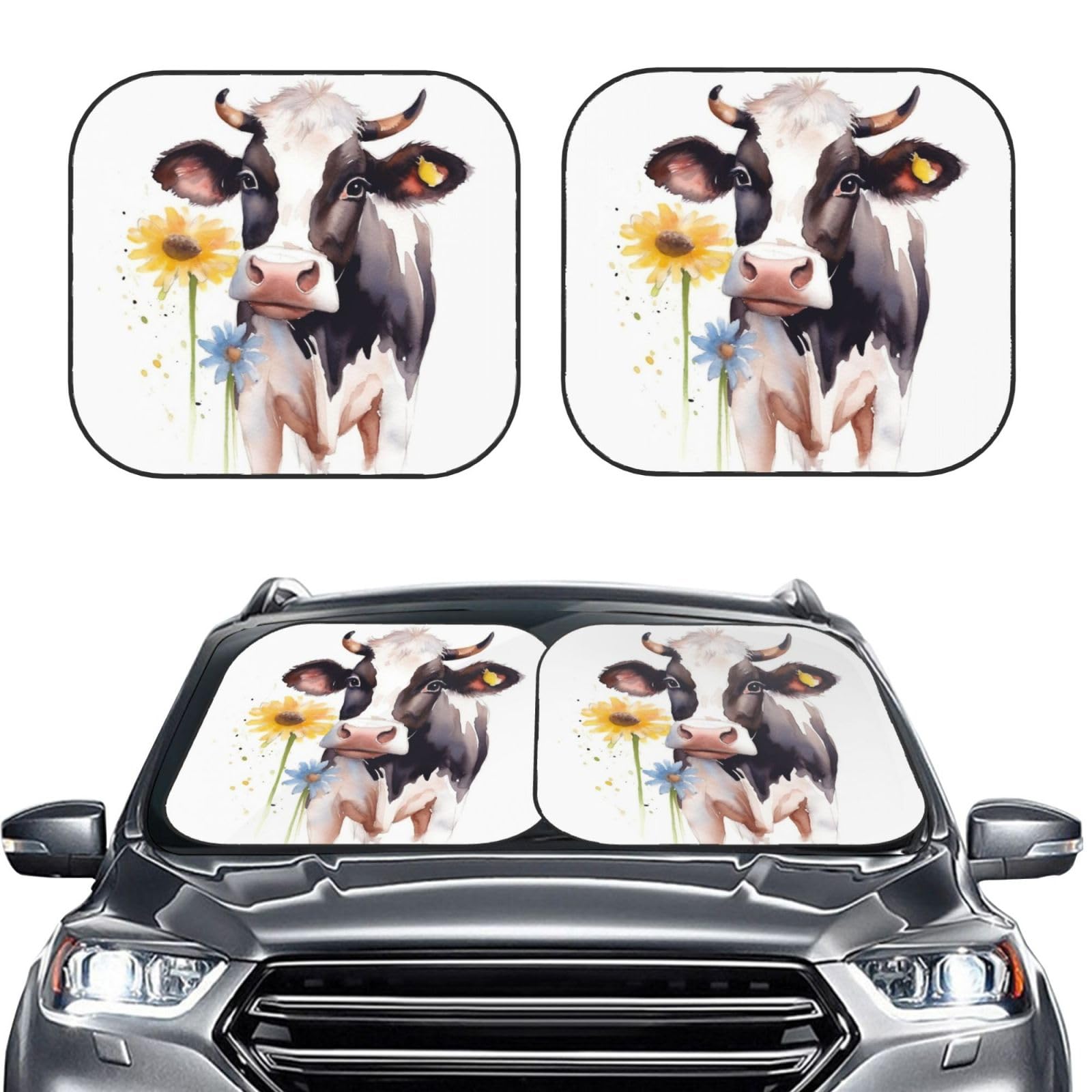 Windschutzscheiben-Sonnenschutz mit Kuh- und Gänseblümchen-Motiv, faltbar, UV-Schutz, tragbare Sonnenblende, Windschutzscheibenabdeckungen für Auto, LKW, SUV, groß, 2-teilig Windschutzscheiben-Sonnenschutz mit Kuh- und Gänseblümchen-Motiv, faltbar, UV-Schutz, tragbare Sonnenblende, Windschutzscheibenabdeckungen für Auto, LKW, SUV, groß, 2-teilig von RLDOBOFE