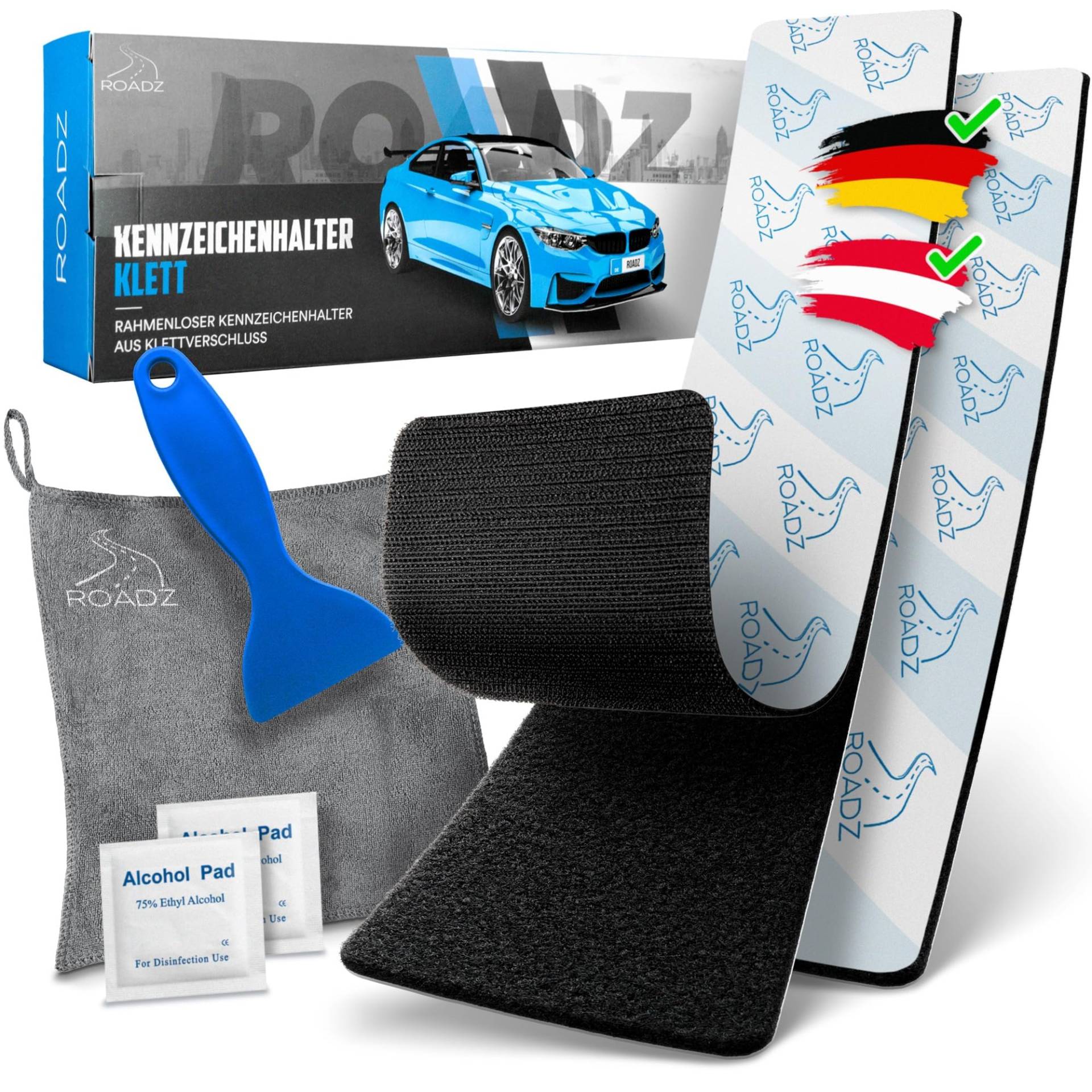 ROADZ® Kennzeichenhalter Klett - BOMBENFESTER Halt - Kennzeichenhalter Rahmenlos - wetterfest für PKW 2er-Set - unsichtbare Kennzeichenhalter für 1 Fahrzeug - Nummernschildhalterung Auto (XL - Set) von ROADZ