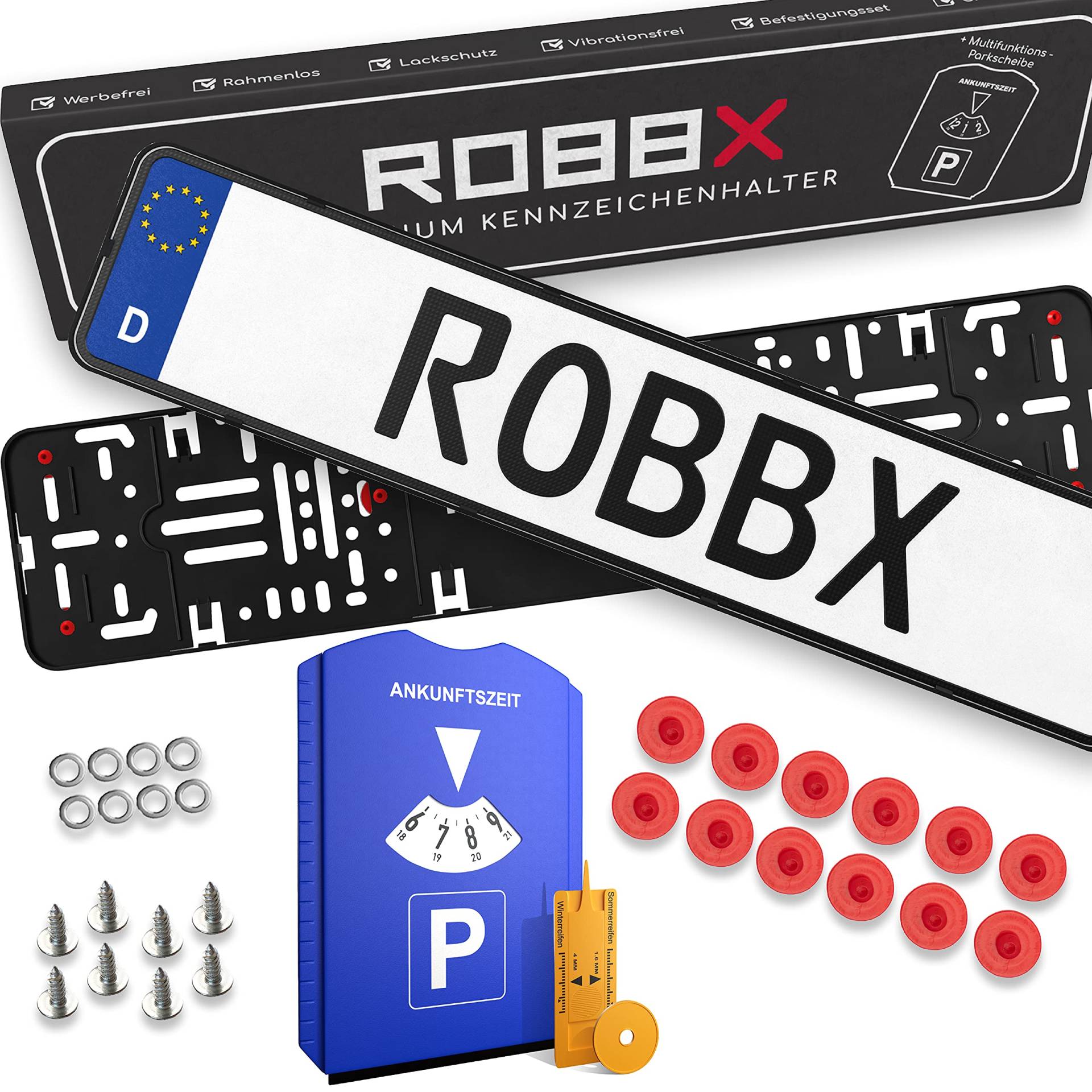 ROBBX® 2X Rahmenlose Auto Kennzeichenhalter | Vibrationsdämpfer für Lackschutz | 5 in1 Parkscheibe | Befestigungskit | Nummernschildhalter werbefrei von ROBBX