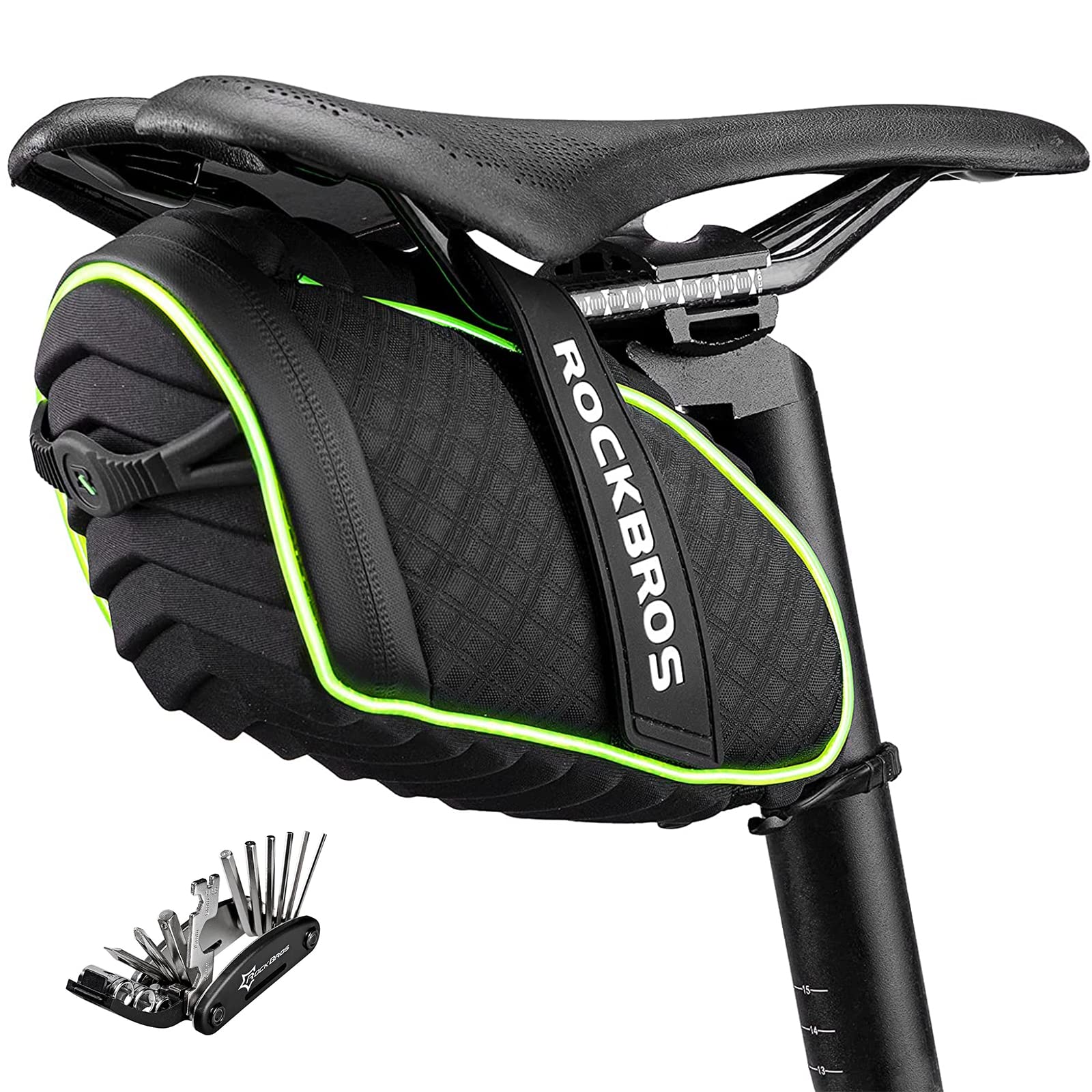 ROCKBROS Fahrrad Satteltaschen Fahrradsitz Taschen Werkzeugtasche Fahrradtasche Wasserabweisend beim Leichten Regen Reflektierend Schwarz Grün + Werkzeug von ROCKBROS