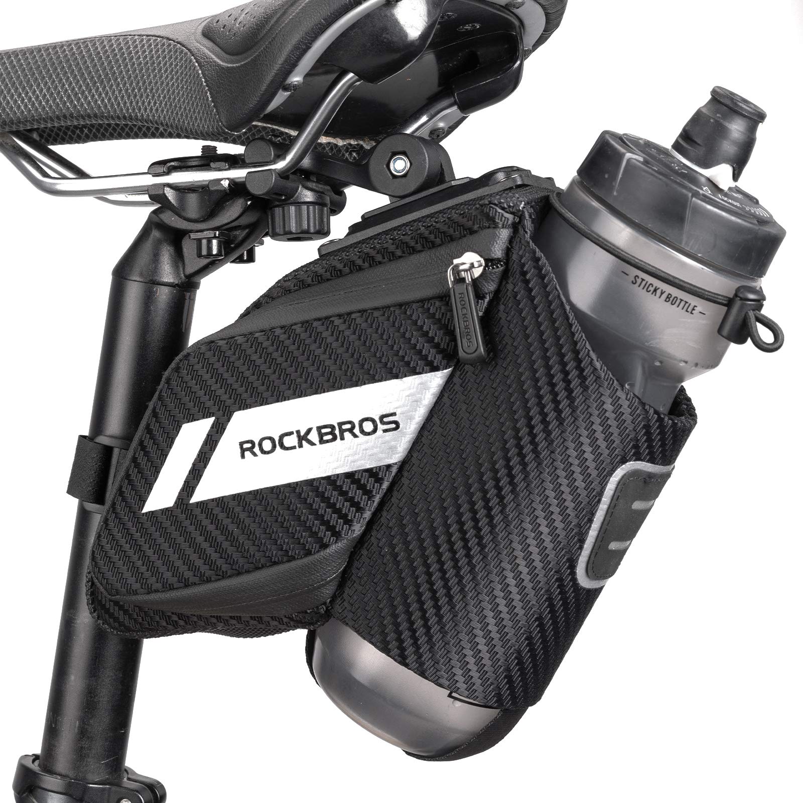 ROCKBROS Fahrradsatteltasche Fahrradtasche mit Flaschenhalter Reflektierend Fahrradsitz Tasche für MTB, Rennrad, Faltrad Schwarz ca. 1L von ROCKBROS