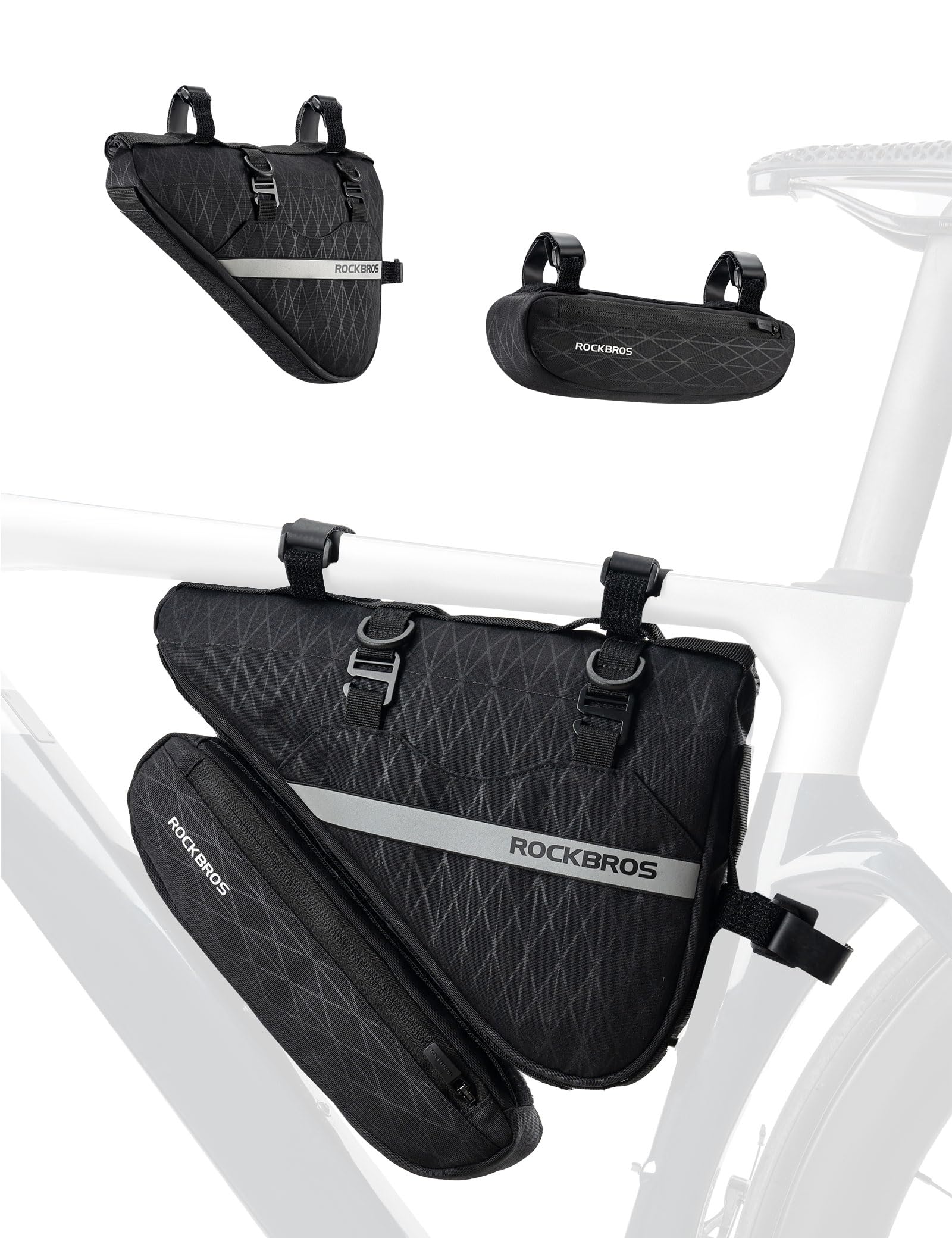 ROCKBROS Fahrradtasche Set 2-in-1 Abnehmbare Dreiecktasche Lenkertasche Rahmentasche Triangeltasche für MTB Rennrad E-Bike 1,3 L+0,7 L Schwarz von ROCKBROS