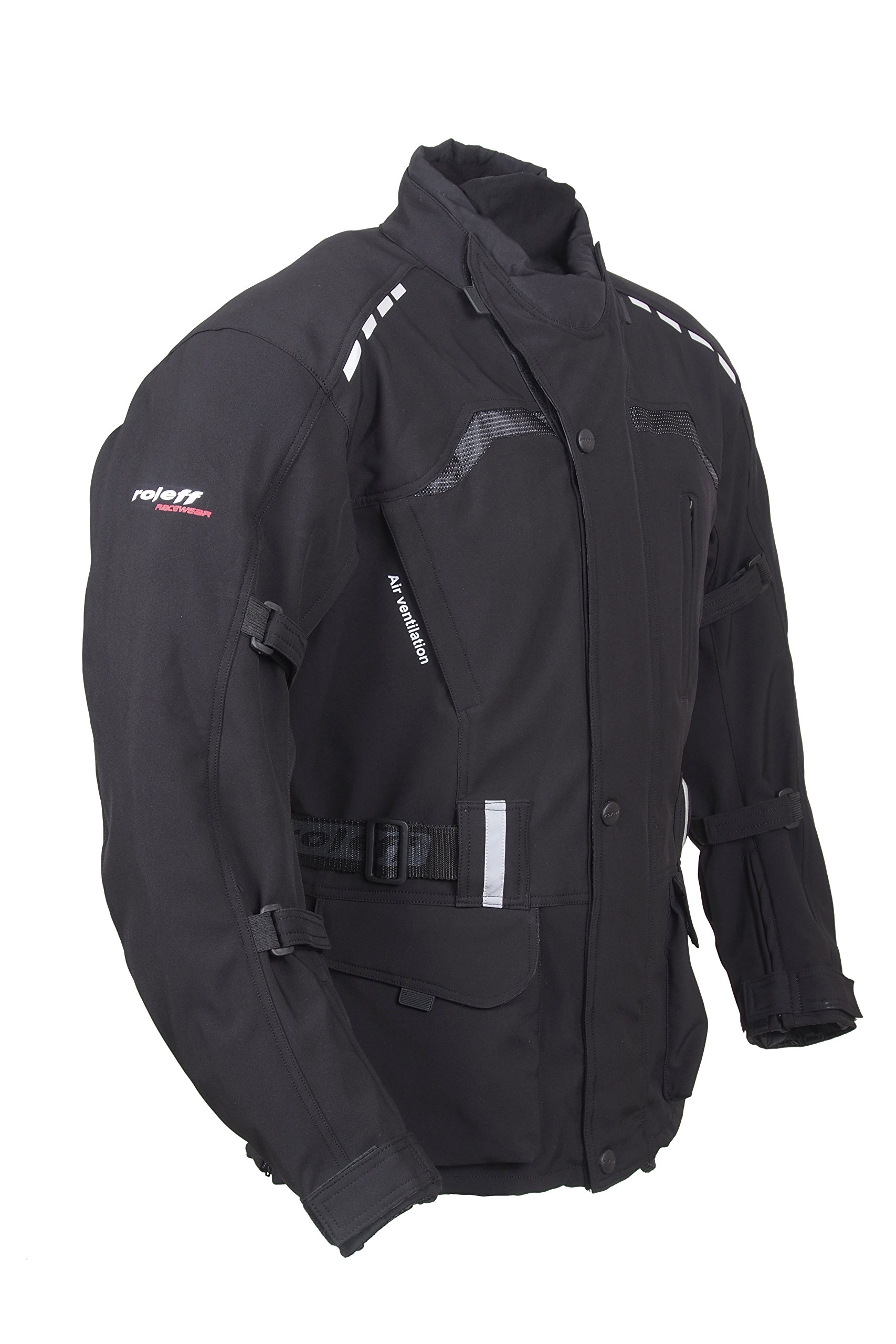 Roleff Racewear Lange, schwarze Motorradjacke mit Softshell Material, Protektoren, Belüftungssystem, Klimamembrane und herausnehmbarem Thermofutter von Roleff Racewear