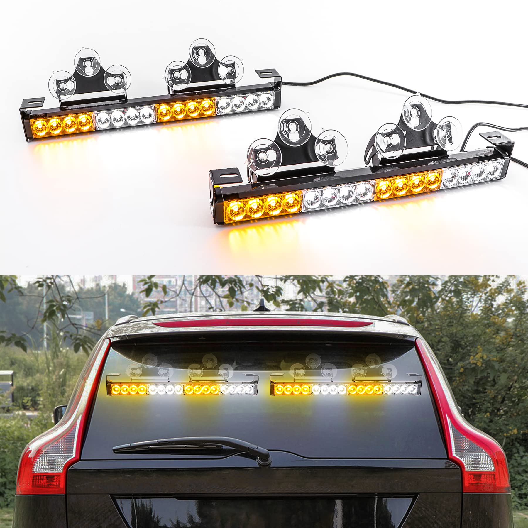 2 x 16,8 Zoll Notfall-Blinklicht-LED-Verkehrshinweis-Blitzlichtleiste, 32 LEDs, 21 Blinkmuster, Innen-Sicherheitswarnleuchten, Windschutzscheiben-Lichtleiste (bernsteinfarben/weiß) von ROUTEKING