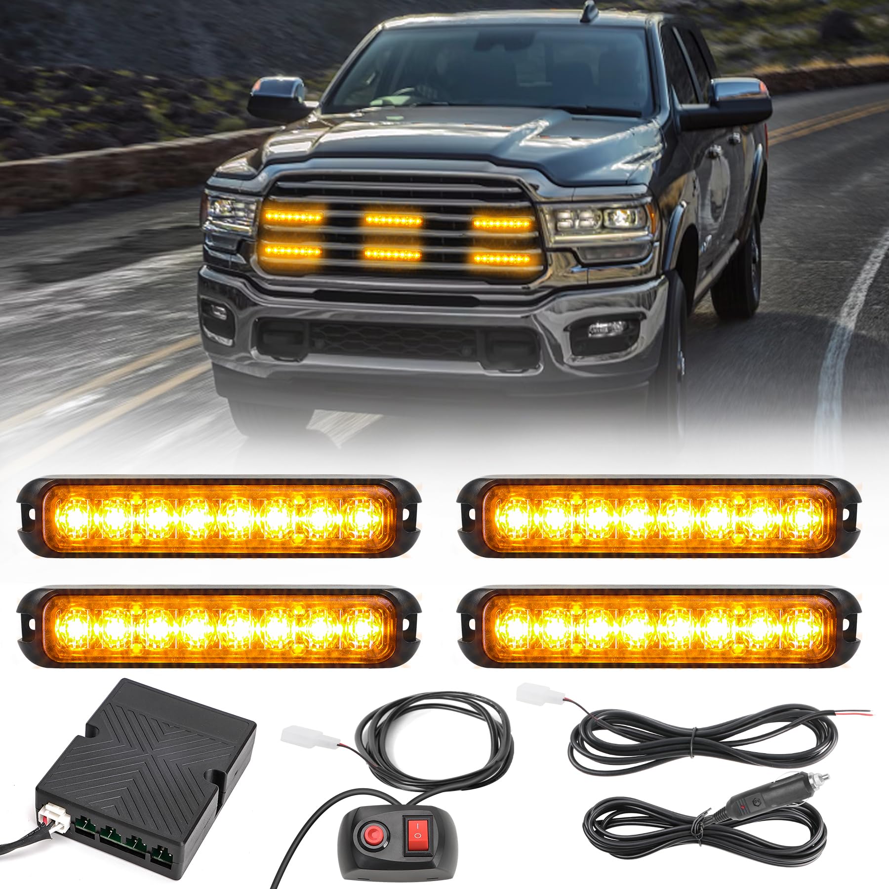 ROUTEKING 4 x 8 Frontblitzer Led Blitzer - Notfall-Flackern LED - Warnleuchte Stick Auto, LKW, Anhänger, Wohnwagen, Wohnwagen (Amber) von ROUTEKING