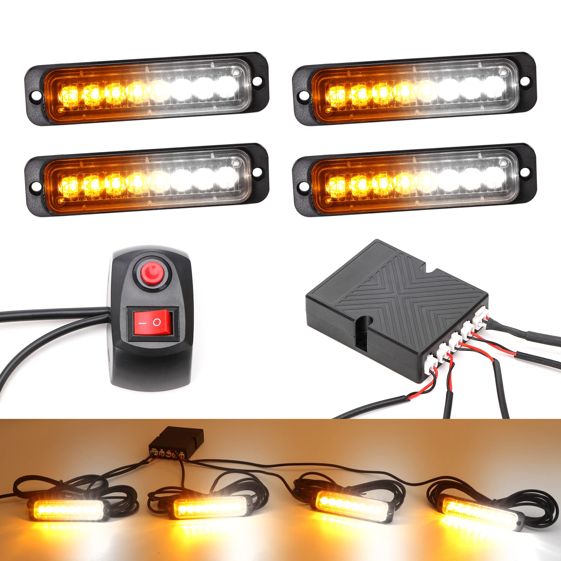 ROUTEKING 4 x 8LEDs Auto Stroboskop Blitzlichter Gefahrenwarnung Leuchten Notlicht Blinklicht 14 Modi ，Universal für 12V 24V Auto Fahrzeug LKW Anhänger Wohnwagen Wohnmobil Wohnmobil (Bernstein/Weiß) von ROUTEKING