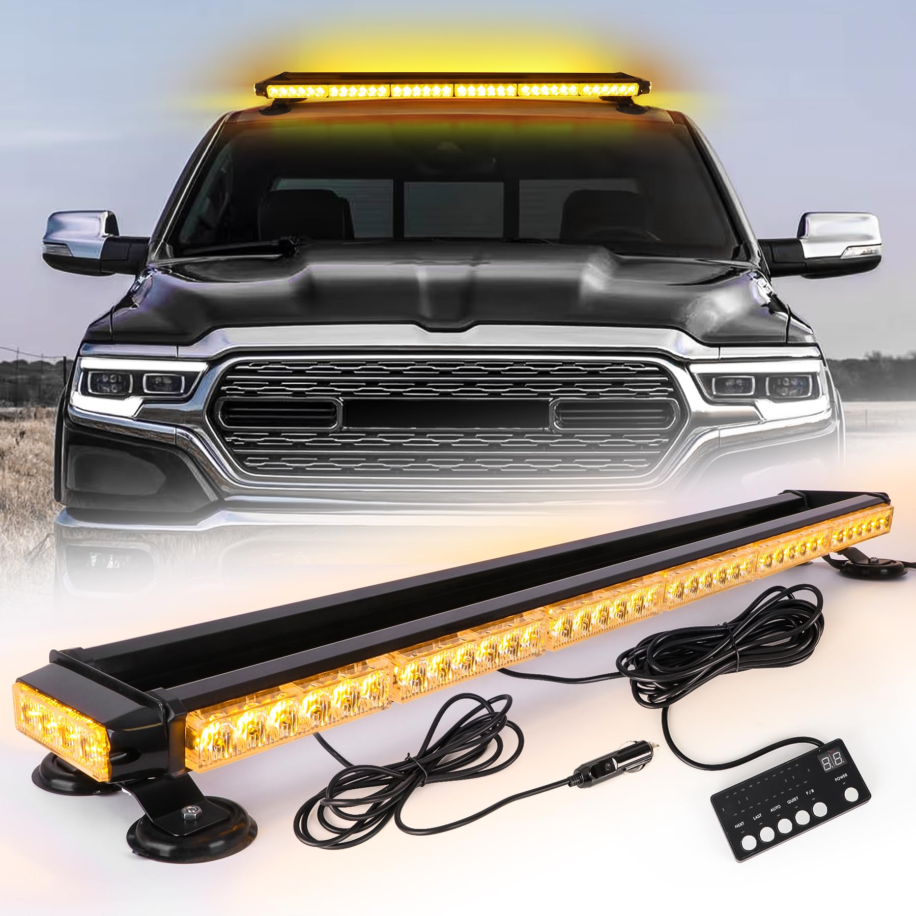 ROUTEKING 95cm 80LED Rundumleuchte - 12/24V Amber Warnleuchte Blinklicht, 16 Modi Wiederherstellungswarnung gelbes Magnet Notfallblinklampe für Truck Traktor Emergency KFZ LKW (Gelb) von ROUTEKING