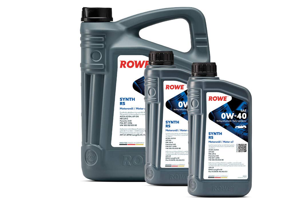 ROWE - 5 + 2x 1 Liter HIGHTEC SYNTH RS SAE 0W-40 Motorenöl - PKW Motoröl für moderne und sportliche Pkw-Otto- oder Dieselmotoren, mit und ohne Turboaufladung von ROWE