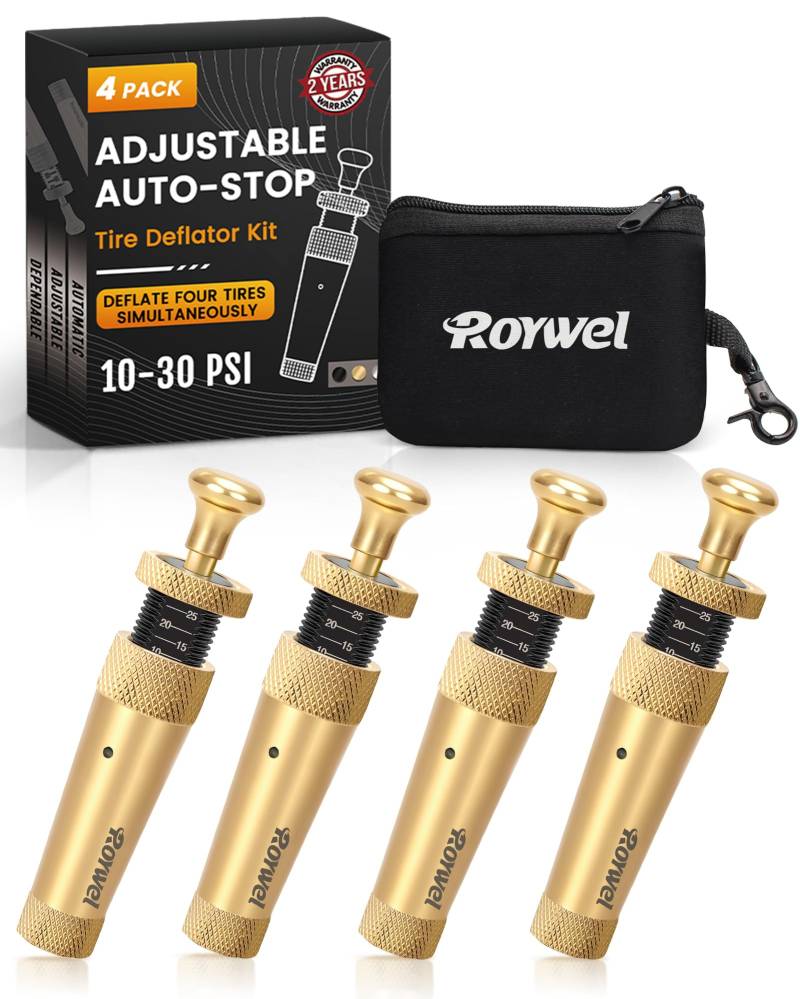 ROYWEL Verstellbares Auto-Stop-Reifenablass-Set, 10–30 PSI (4 Stück/Set), Luft-Down-Reifenablasser, Offroad-Zubehör, Anzug für Autos und LKWs von ROYWEL