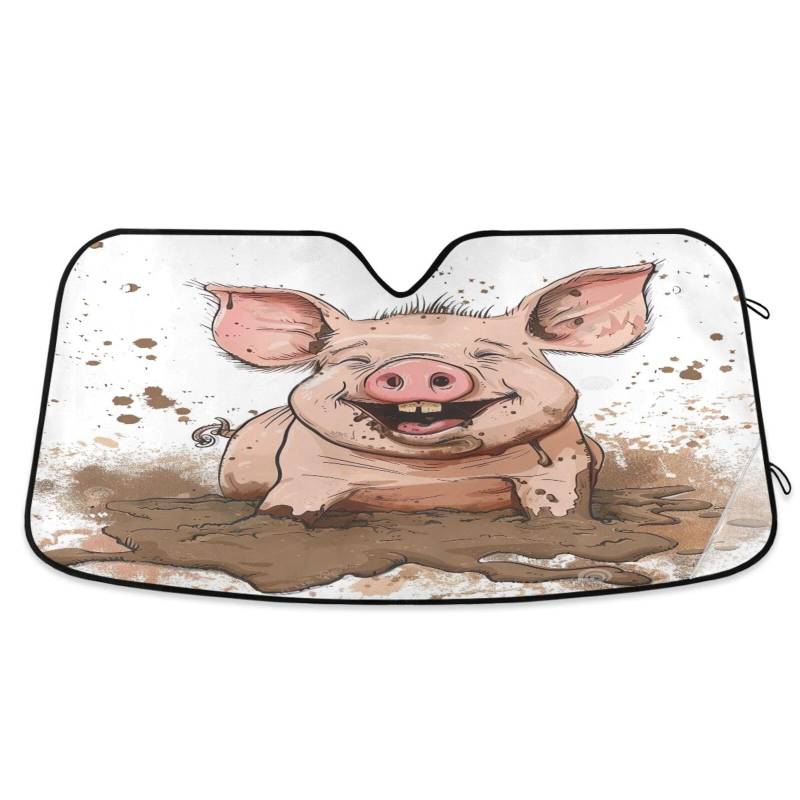 Auto Windschutzscheibe Sonnenschutz Schweinchen Schlamm Schwein Faltbare Auto Windschutzscheibenabdeckung Frontscheibenabdeckung (134 x 59,9 cm) von RPLIFE