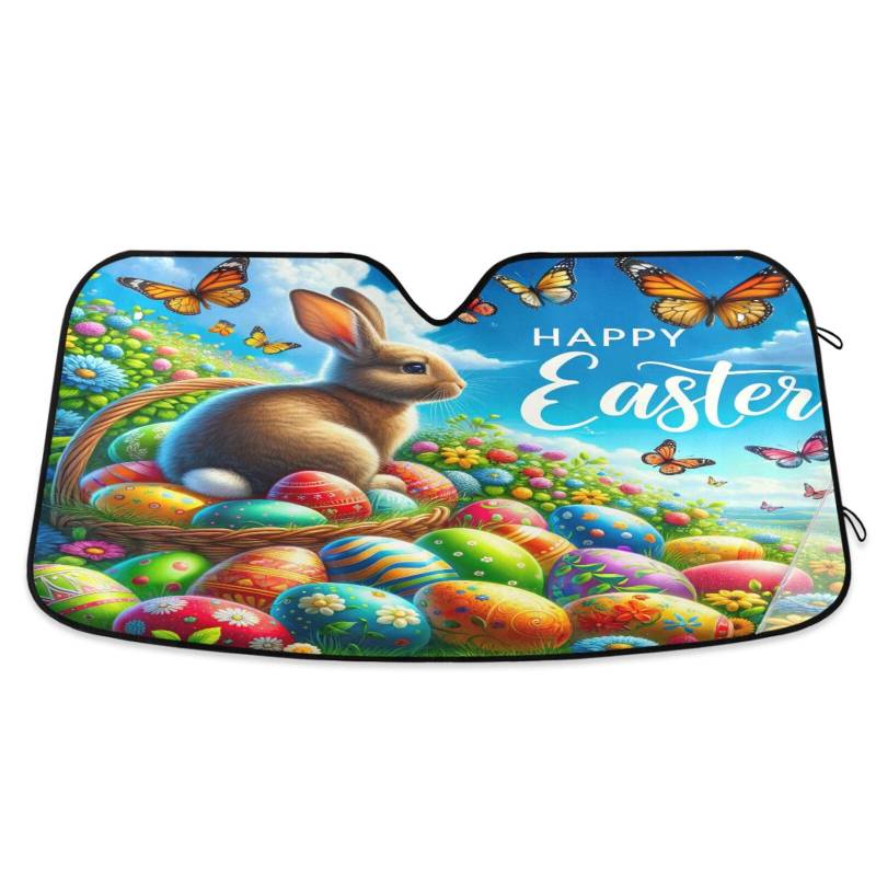 Auto-Windschutzscheiben-Abdeckung, Frohe Ostern, Haseneier, Schmetterlinge, Blumen, faltbare Frontscheibenabdeckung, Auto-Windschutzscheiben-Abdeckung, 144 x 80 cm von RPLIFE