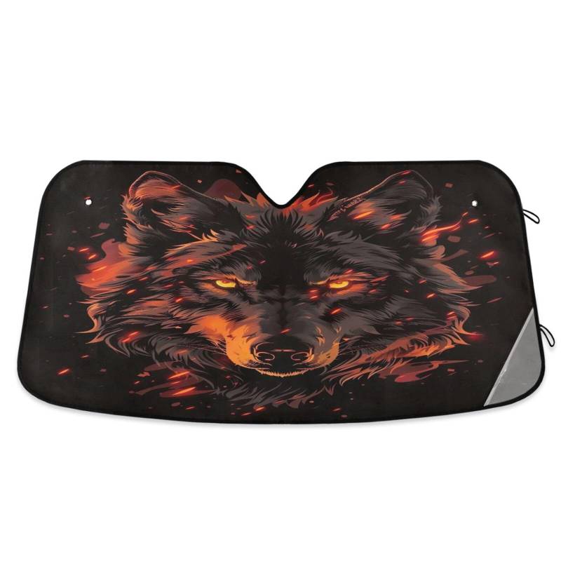 Auto-Windschutzscheiben-Schatten, Fiery Wolf Schwarz, faltbare Frontscheibenabdeckung, Windschutzscheiben-Hitzeschild – 140 x 70 cm von RPLIFE