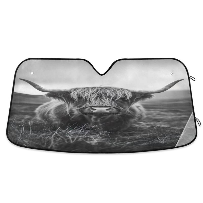Auto-Windschutzscheiben-Schatten, Hochlandkuh, Wildleder, faltbarer Auto-Windschutzscheibenschutz vor Hitze, Frontscheibenabdeckung – 140 x 70 cm von RPLIFE