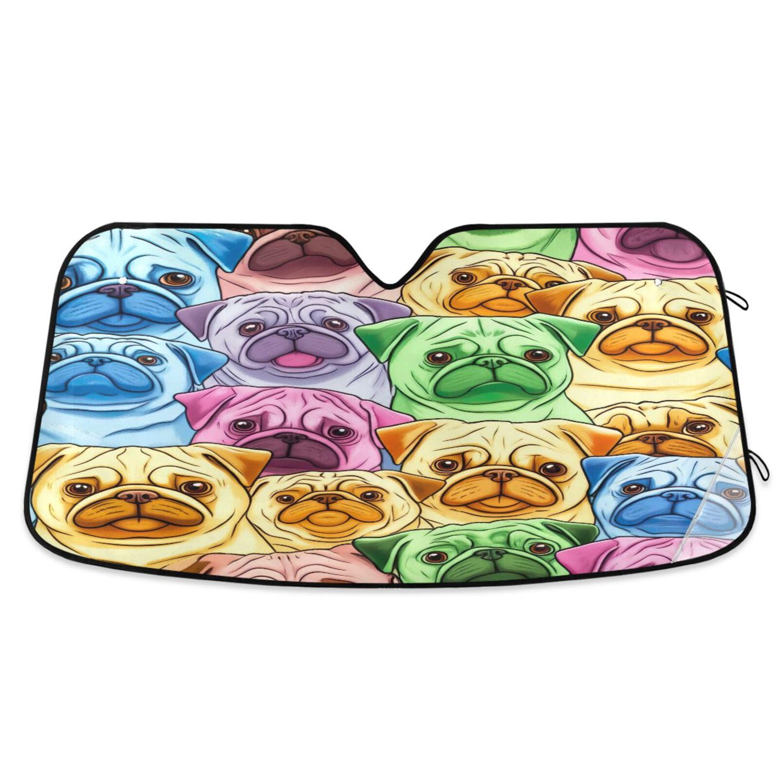Auto-Windschutzscheiben-Schatten, bunte Cartoon-Mops, faltbare Frontscheibenabdeckung, Auto-Reflektor-Sonnenschutz – 134 x 59 cm Auto-Windschutzscheiben-Schatten, bunte Cartoon-Mops, faltbare Frontscheibenabdeckung, Auto-Reflektor-Sonnenschutz – 134 x 59 cm von RPLIFE