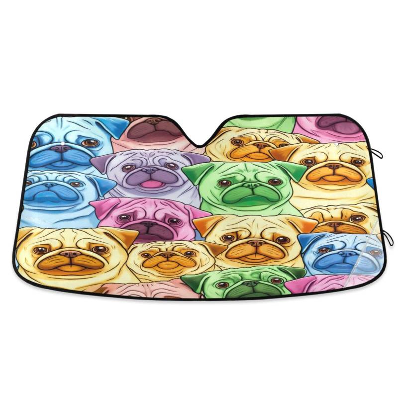 Auto-Windschutzscheiben-Schatten, bunte Cartoon-Mops, faltbare Frontscheibenabdeckung, Auto-Reflektor-Sonnenschutz – 134 x 59 cm von RPLIFE