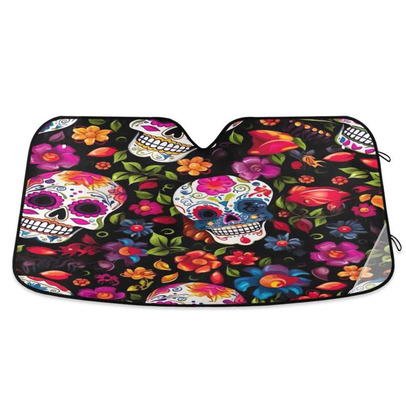 Auto-Windschutzscheiben-Schatten, bunte Totenkopf-Blumen, faltbare Frontscheibenabdeckung, UV-Sonnenschutz für Auto – 140 x 70 cm von RPLIFE