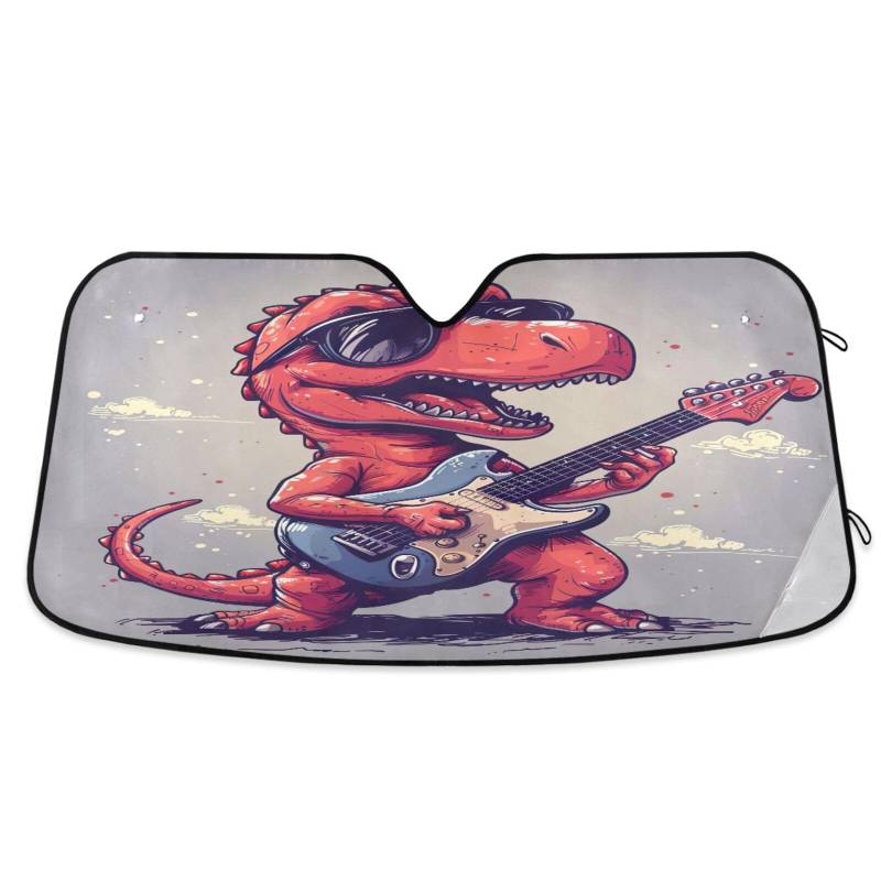 Auto-Windschutzscheiben-Schatten, roter Dinosaurier, der Gitarre spielt, faltbarer Hitzeschutz, Frontscheibenabdeckung – 140 x 70 cm von RPLIFE