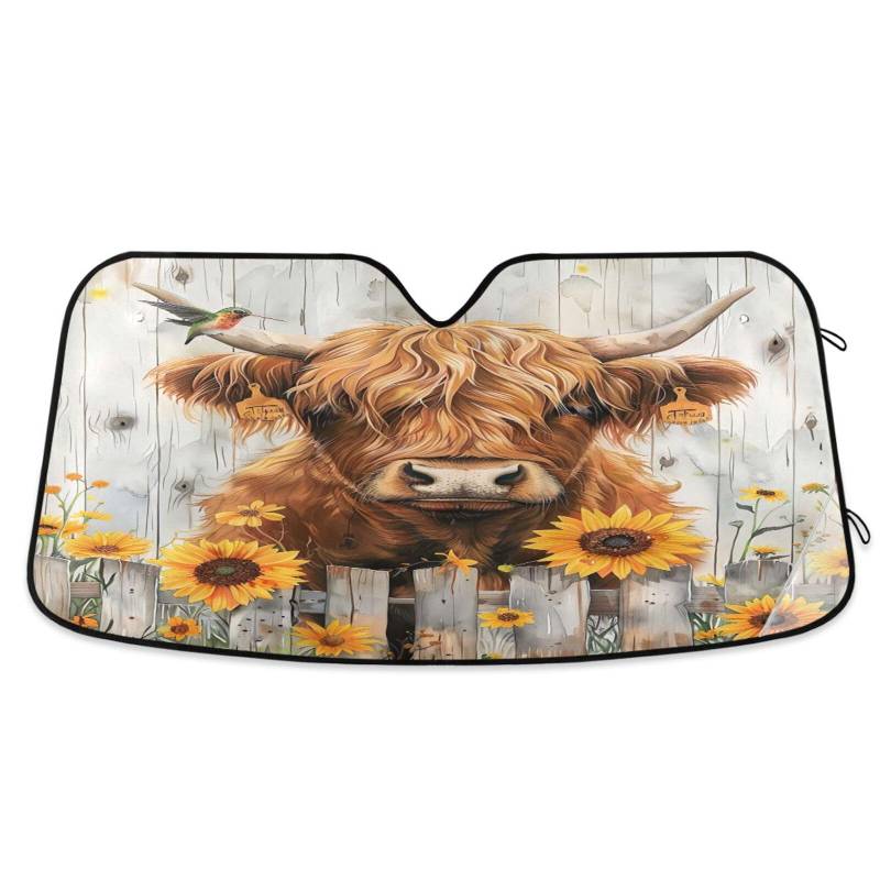 Auto-Windschutzscheiben-Schatten, rustikale Hochlandkuh-Sonnenblumen, faltbare Sonnenabdeckung für Auto-Windschutzscheibe, Frontscheibenabdeckung – 144 x 80 cm von RPLIFE