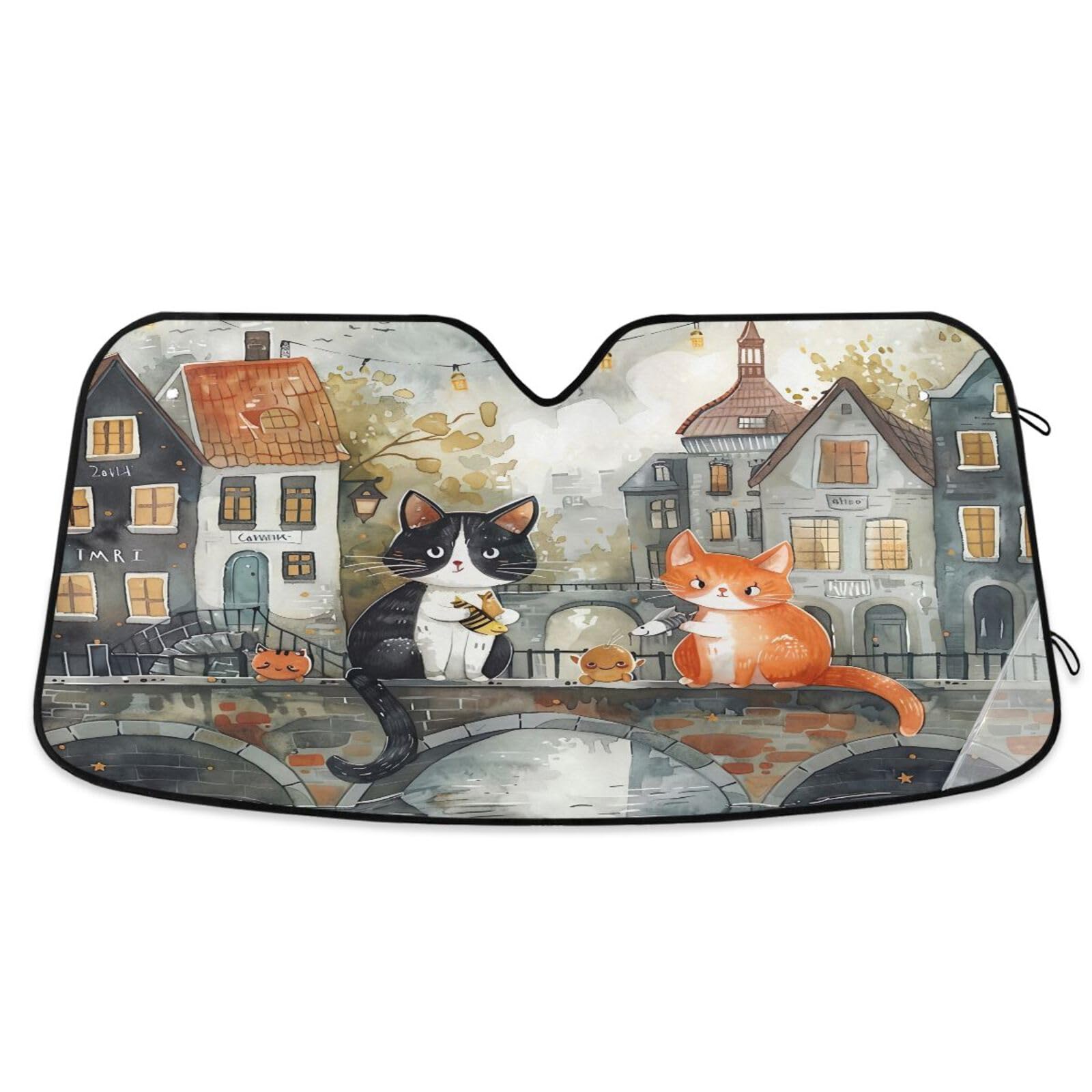 Auto-Windschutzscheiben-Sonnenschutz, niedliche Katzen, die auf Brücke sitzen, faltbare Frontscheibenabdeckung, Auto-Reflektor-Sonnenschutz – 140 x 70 cm Auto-Windschutzscheiben-Sonnenschutz, niedliche Katzen, die auf Brücke sitzen, faltbare Frontscheibenabdeckung, Auto-Reflektor-Sonnenschutz – 140 x 70 cm von RPLIFE