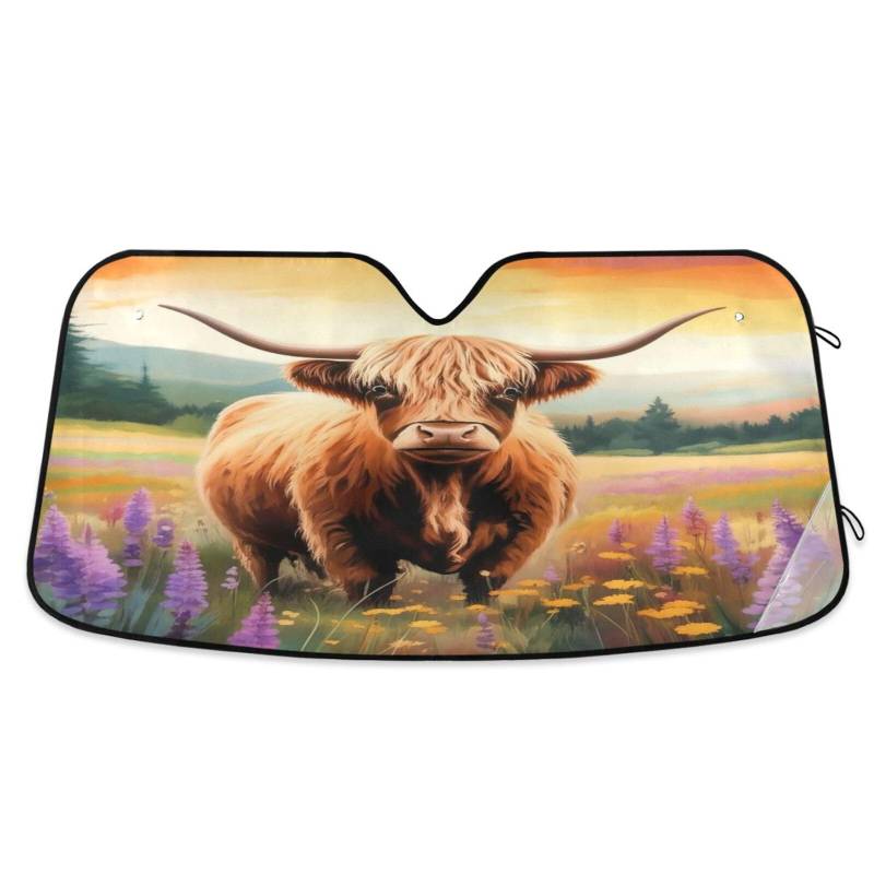 Windschutzscheiben-Sonnenschutz, Braun, Hochlandkuh, faltbare Frontscheibenabdeckung, Sonnenabdeckung für Auto-Windschutzscheibe – 144 x 80 cm von RPLIFE