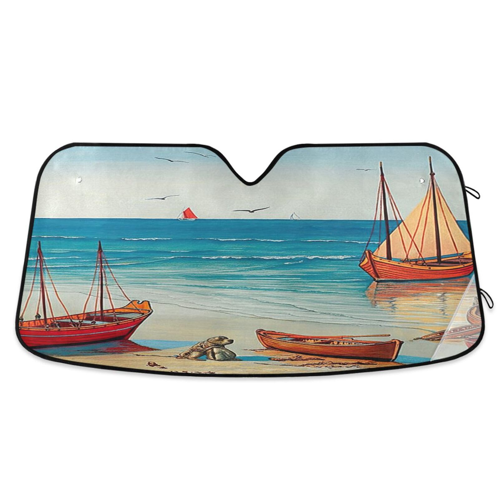 Windschutzscheiben-Sonnenschutz, Vintage-Boote, blaugrün, Strand, faltbar, UV-Sonnenschutz für Auto, Frontscheibenabdeckung – 144 x 80 cm Windschutzscheiben-Sonnenschutz, Vintage-Boote, blaugrün, Strand, faltbar, UV-Sonnenschutz für Auto, Frontscheibenabdeckung – 144 x 80 cm von RPLIFE