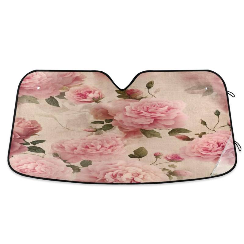 Windschutzscheiben-Sonnenschutz, Vintage-Stil, rosa Blumen, faltbare Frontscheibenabdeckung, Hitzeschutz, Sonnenschutz – 144 x 80 cm von RPLIFE