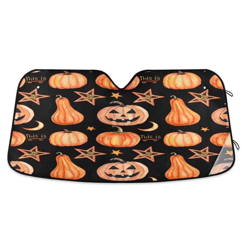 Windschutzscheiben-Sonnenschutz, niedliche orangefarbene Kürbisse, schwarz, faltbare Auto-Windschutzscheibenabdeckung, Frontscheibenabdeckung (134 x 59,9 cm) von RPLIFE