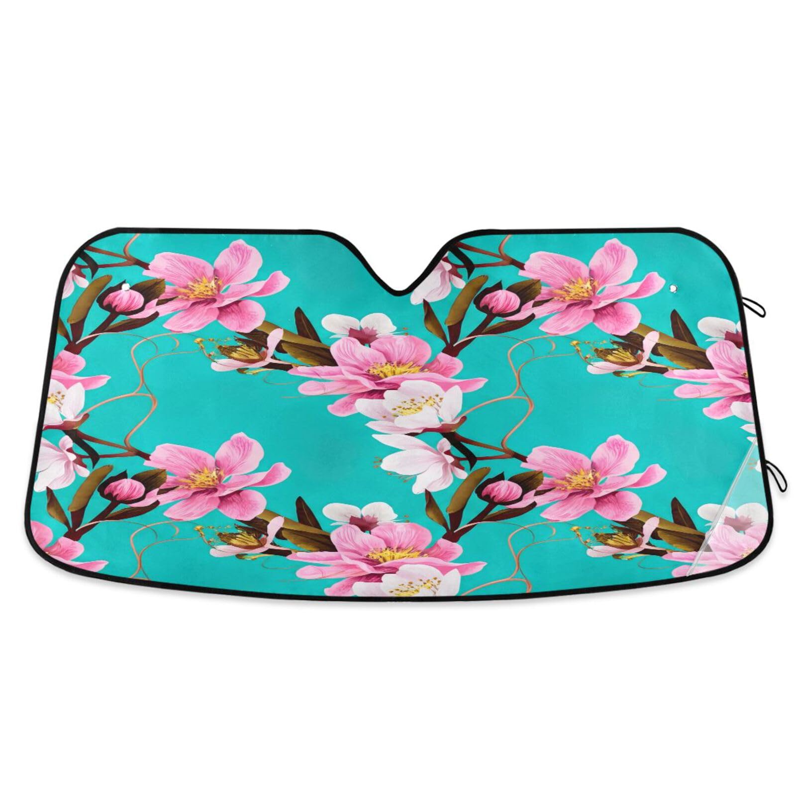 Windschutzscheiben-Sonnenschutz, rosa Blüten Türkis, faltbarer Windschutzscheiben-Hitzeschutz, Frontscheibenabdeckung – 144 x 80 cm Windschutzscheiben-Sonnenschutz, rosa Blüten Türkis, faltbarer Windschutzscheiben-Hitzeschutz, Frontscheibenabdeckung – 144 x 80 cm von RPLIFE