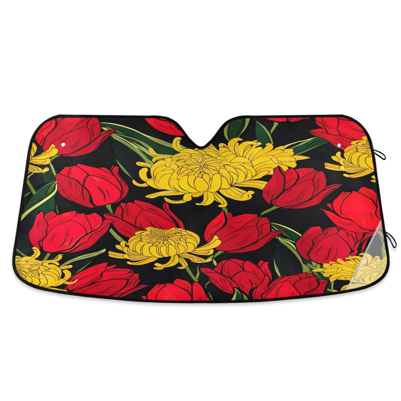Windschutzscheiben-Sonnenschutz, rote Tulpen, gelbe Chrysanthemen, schwarz, faltbarer Windschutzscheiben-Hitzeschutz, Frontscheibenabdeckung – 144 x 80 cm Windschutzscheiben-Sonnenschutz, rote Tulpen, gelbe Chrysanthemen, schwarz, faltbarer Windschutzscheiben-Hitzeschutz, Frontscheibenabdeckung – 144 x 80 cm von RPLIFE