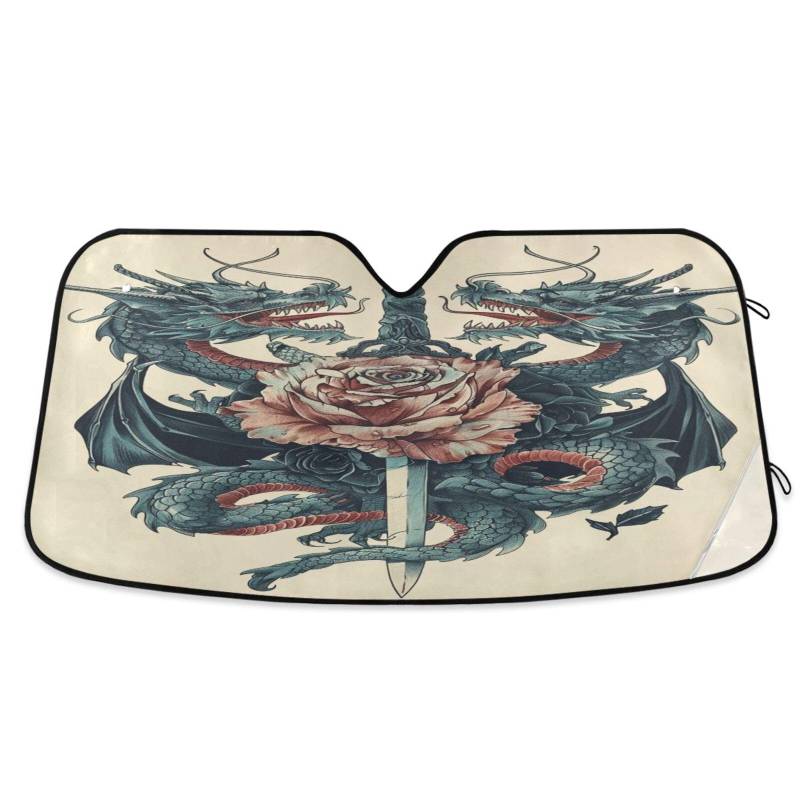 Windschutzscheiben-Sonnenschutz Rose Zwei Drachen umwickelt, faltbare Frontscheibenabdeckung, UV-Sonnenschutz für Auto – 140 x 70 cm von RPLIFE